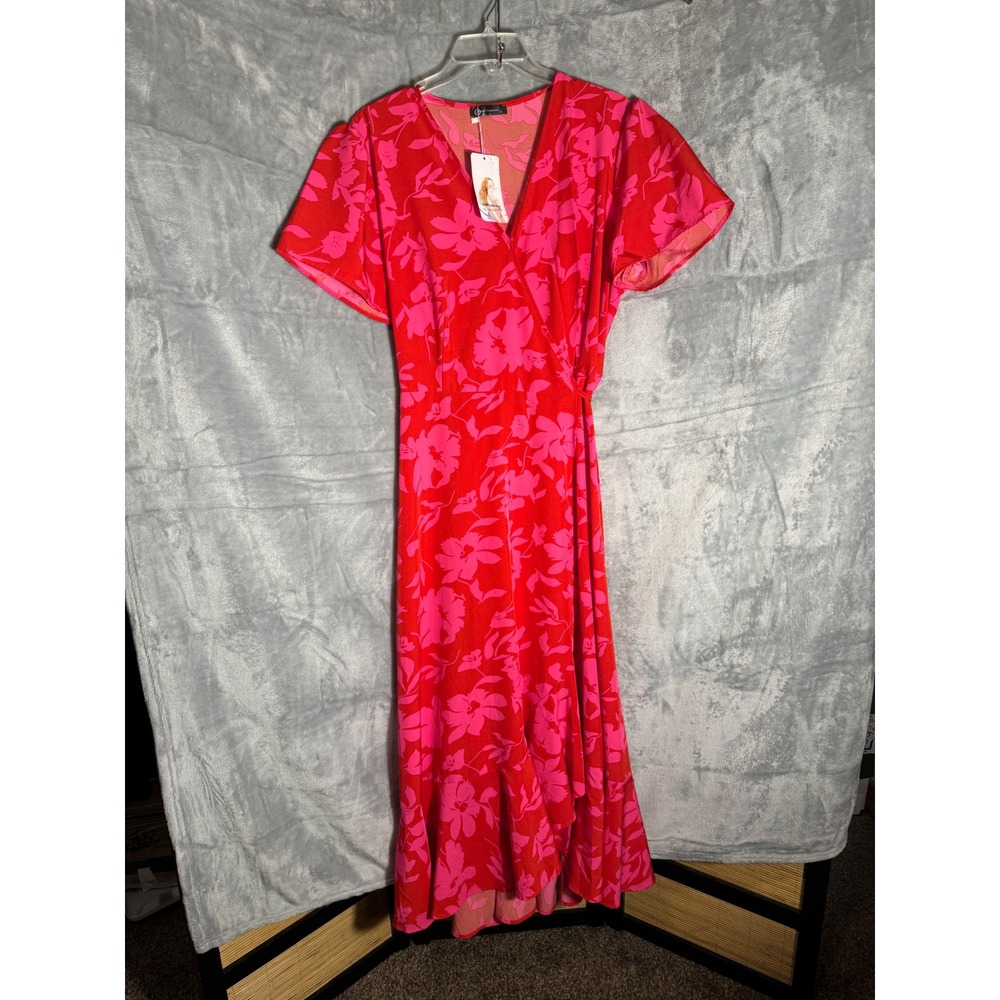 PrettyGarden Floral Wrap Maxi Dress Red‎ Pink V-Neck Ruffle Hem XL NEW